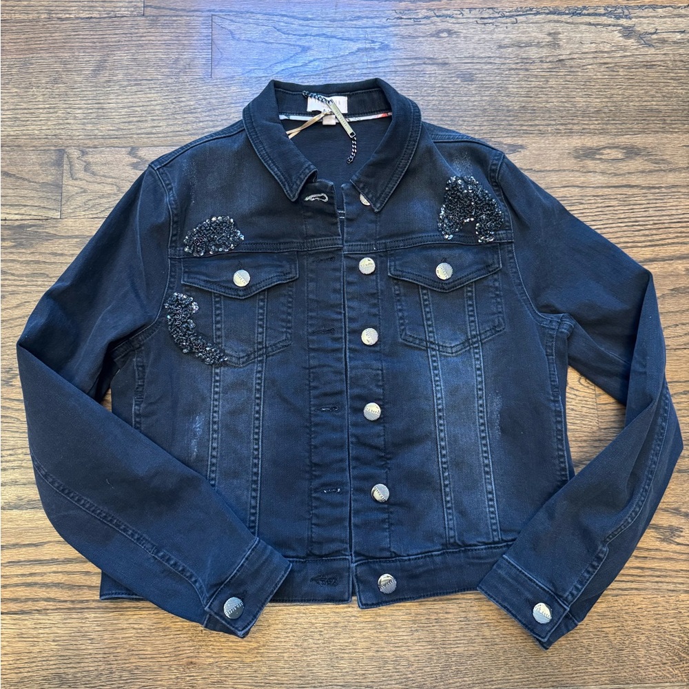 Ted Baker London Faded Black Distressed Denim Jacket w/Embellished Trim, Size 3